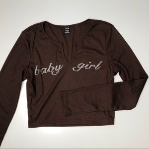Rhinestone “Baby girl” Graphic Brown Long Sleeve Crop Top S